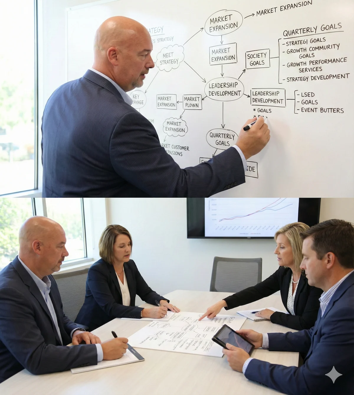John Hawkins leading a strategy session with a team at the whiteboard